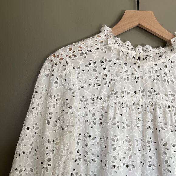 Veronica Beard Emmalyn Eyelet Blouse White Sz 8 Lace Ruffles Flare Sleeves Chic - Picture 4 of 16